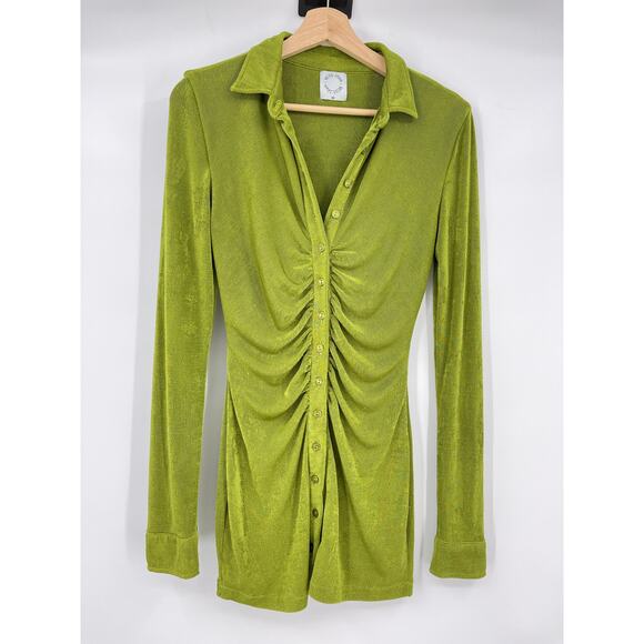 With Jean | Andy Dress Forest Green Ruched Front Slinky Shirt Dress XS - Picture 4 of 14